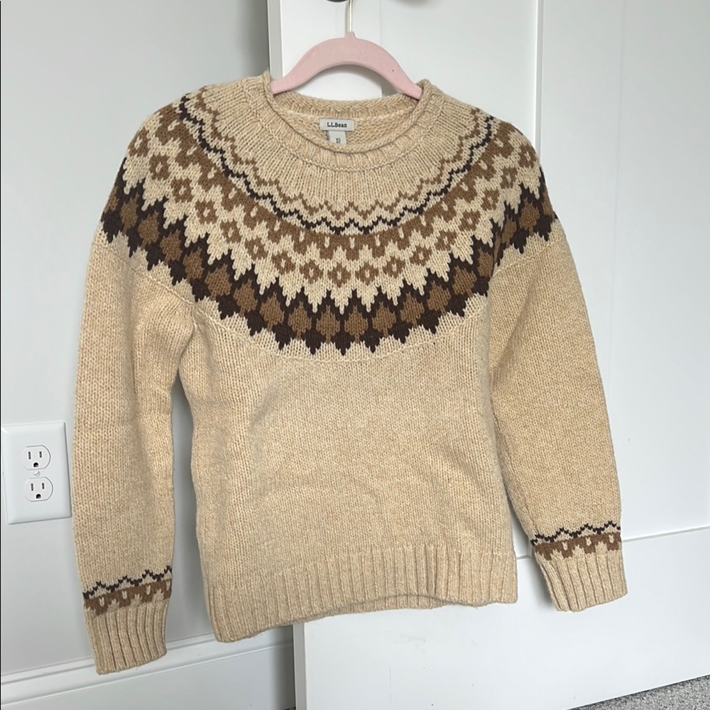 LL Bean Cream and Brown Fair Isle Sweater 100% Lambs Wool - size XSP